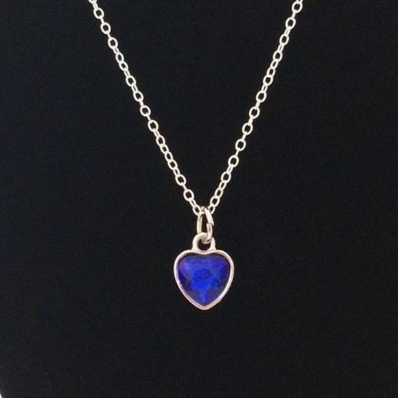 Sept Birthstone Necklace Sapphire Pendant Heart Silver Plate Chain - Picture 2 of 4